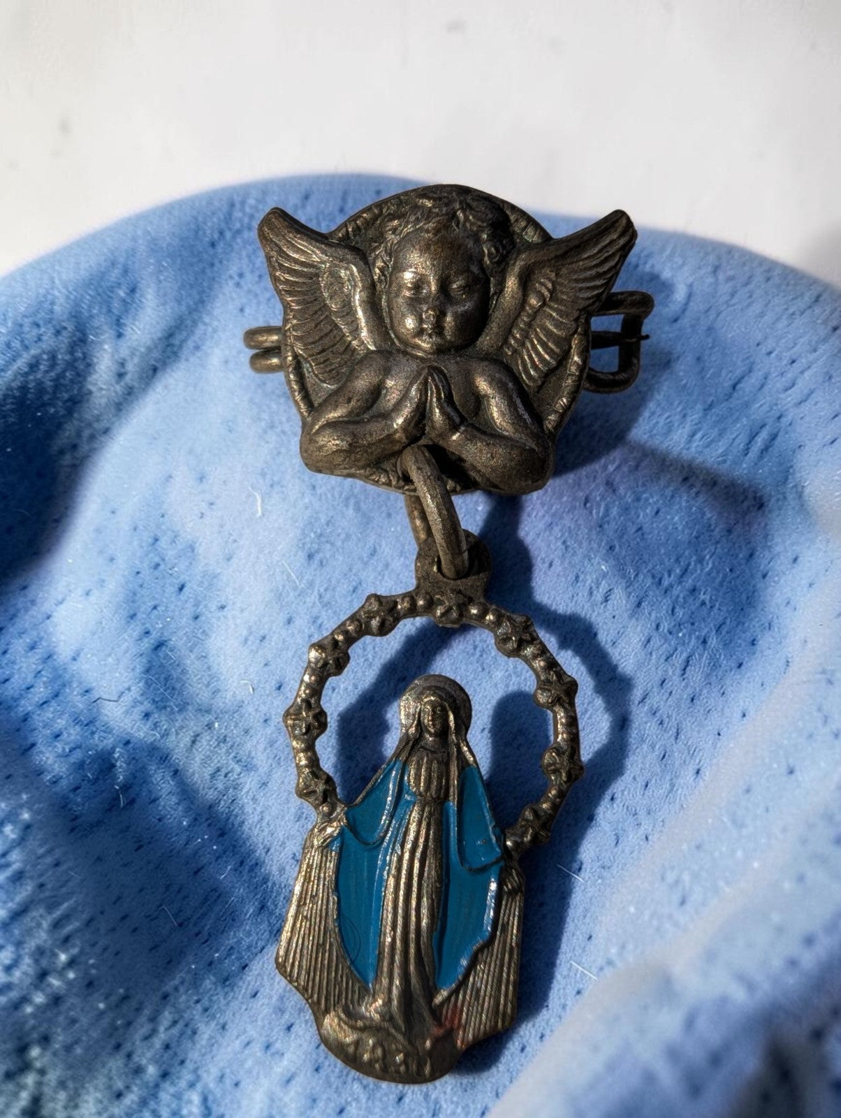 Vintage Religious Guardian Angel Pin with Dangling Miraculous Medal Virgin Mary