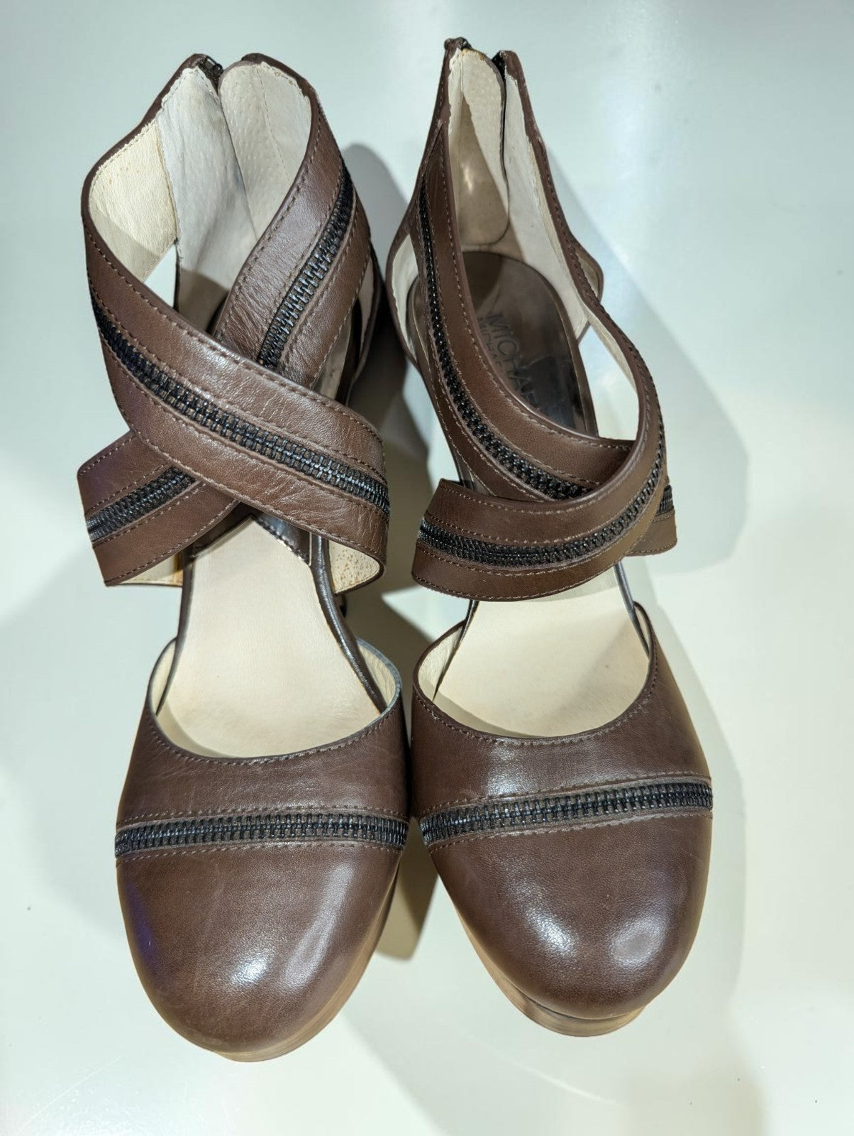 Michael Kors Brown Closed Toe Zipper CrissCross Heels Shoes, Size 8.5