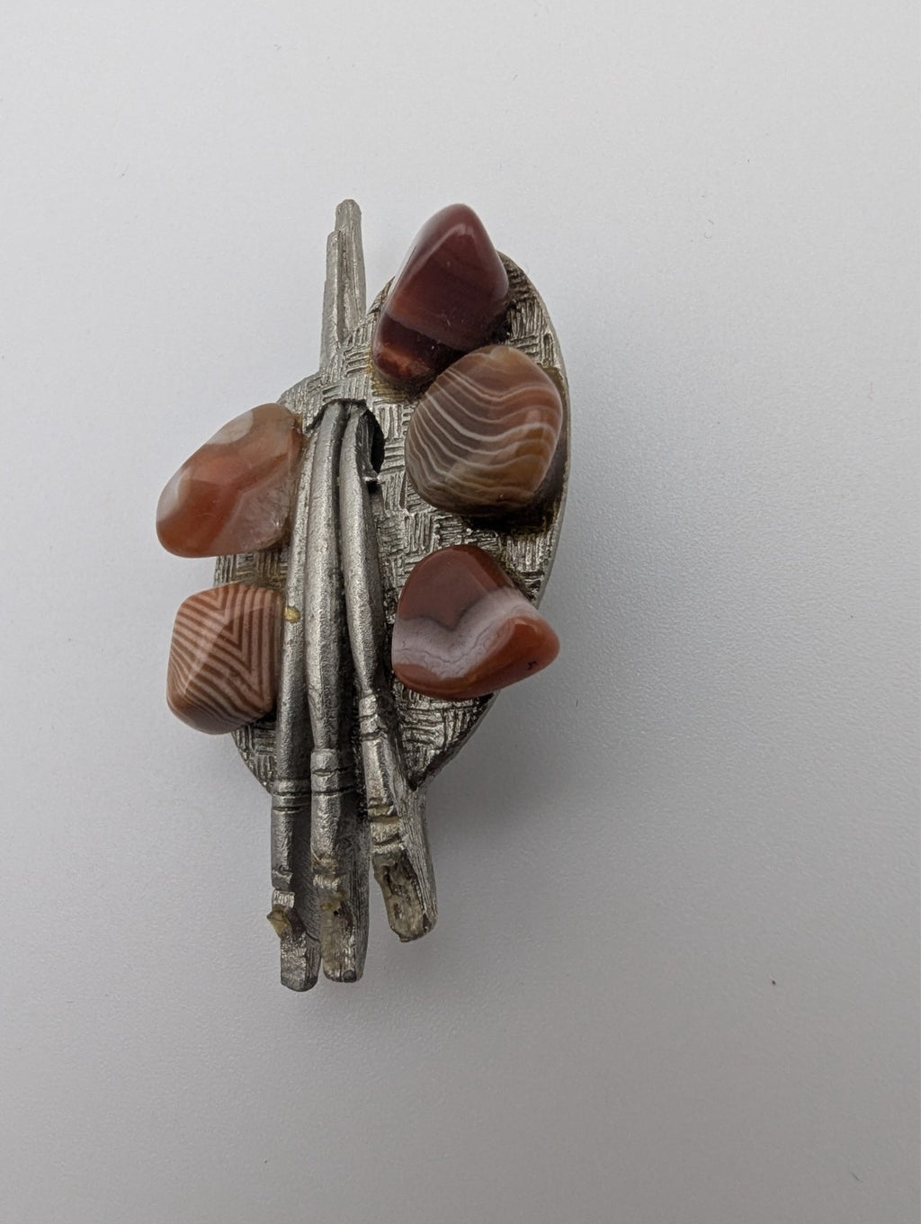 Silver Vintage Painter's Palette with Polished Agates Brooch