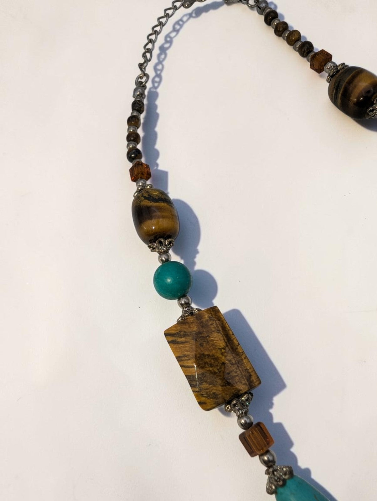 Vintage Tiger's Eye and Turquise Statement Necklace with Silver-Toned Beads, 18"