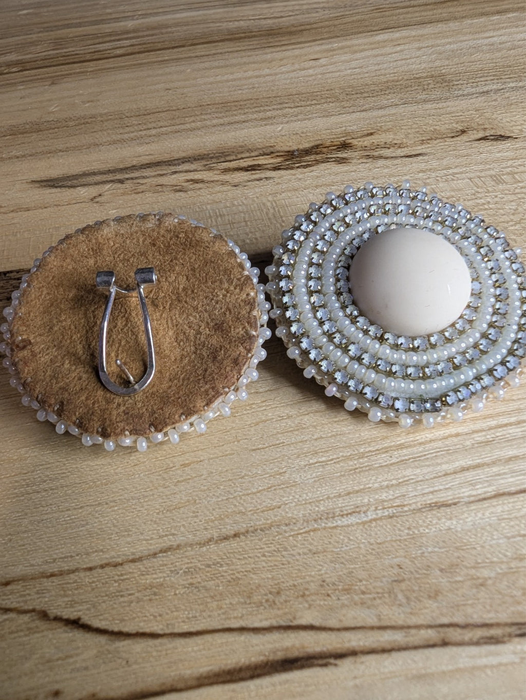Handcrafted White Beaded Stud Earrings Seed Beads, Crystals, White Cabochon