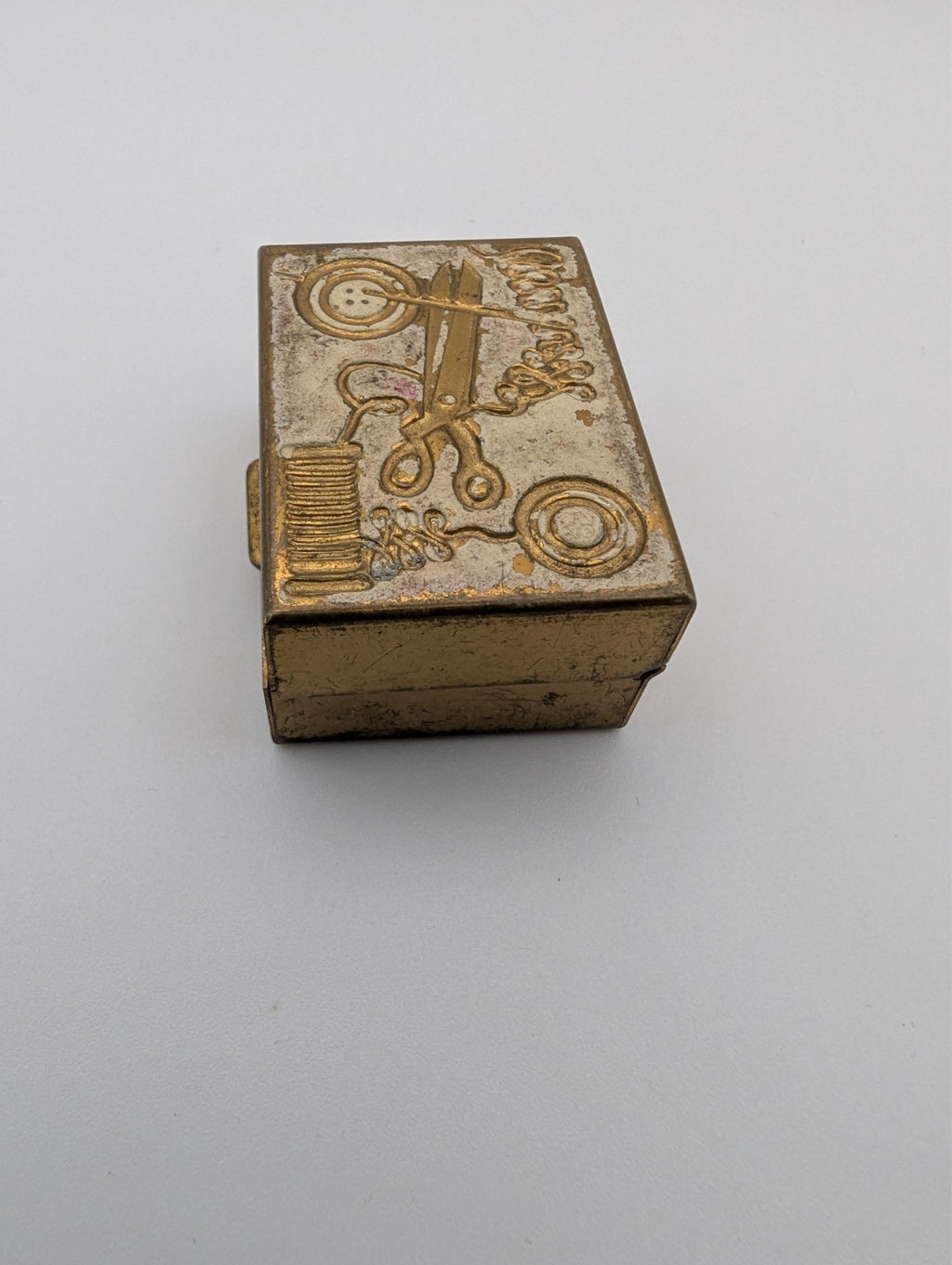 Vintage Sewing Theme Trinket Pill Box Gold Tone, 1.5"x1"