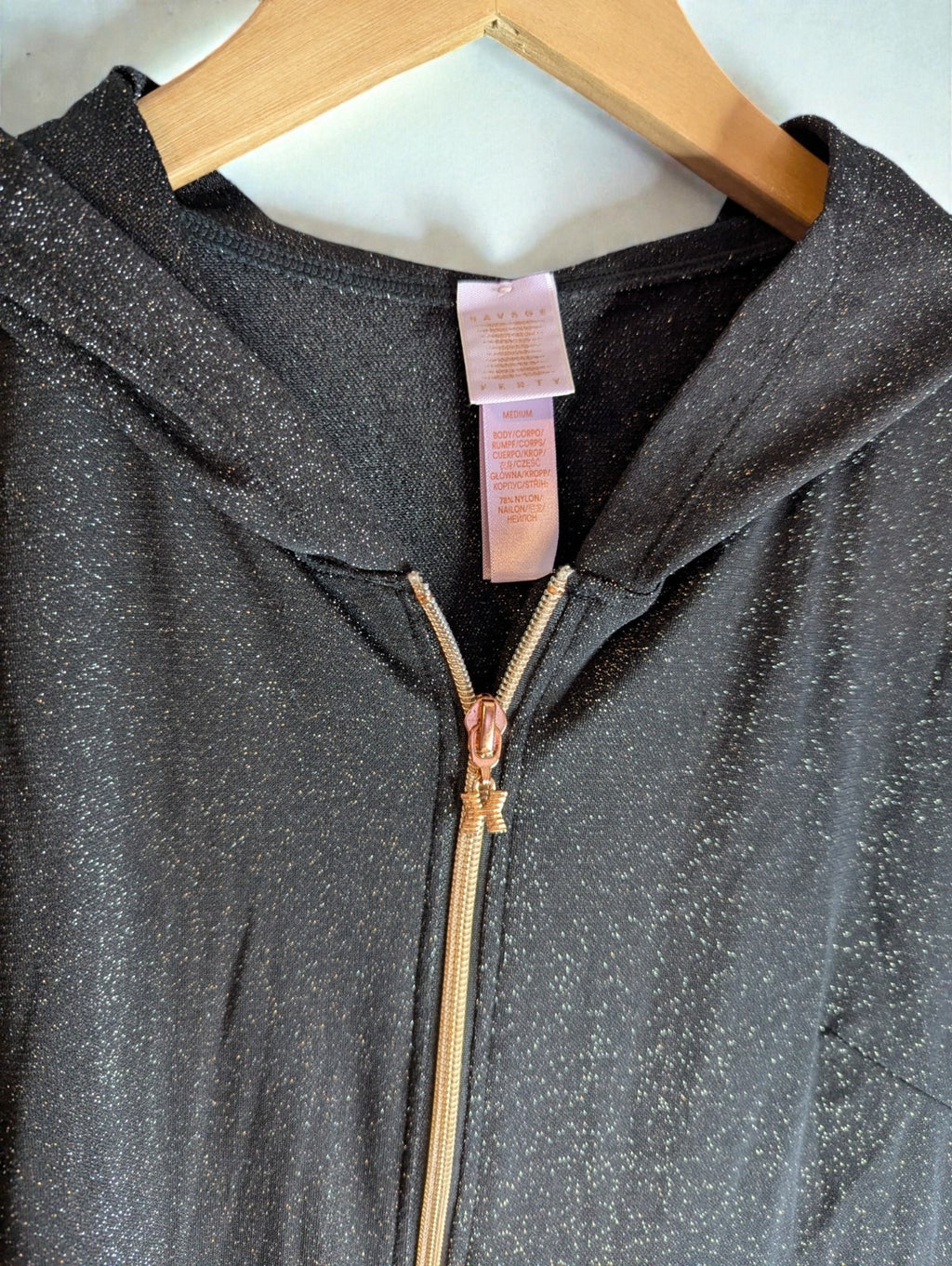 Savage X Fenty Hooded One Piece Romper, Glitter Black, Size Medium