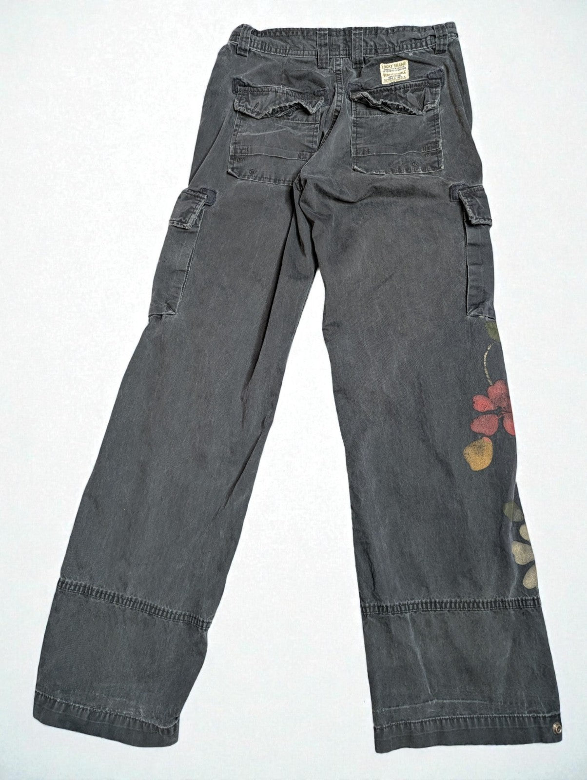 Y2K Vintage Lucky Brand Dungaree Cargo Pants Faded Black Wash Floral, Size 2/26