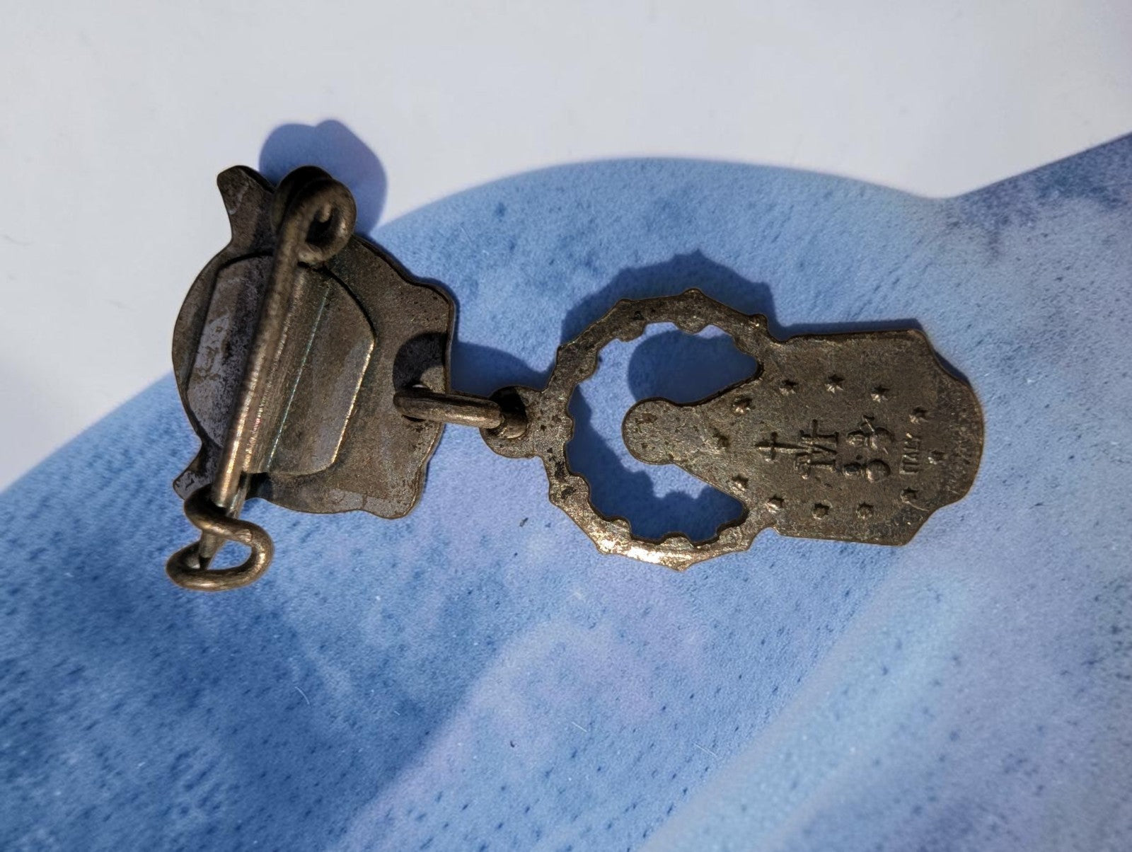Vintage Religious Guardian Angel Pin with Dangling Miraculous Medal Virgin Mary
