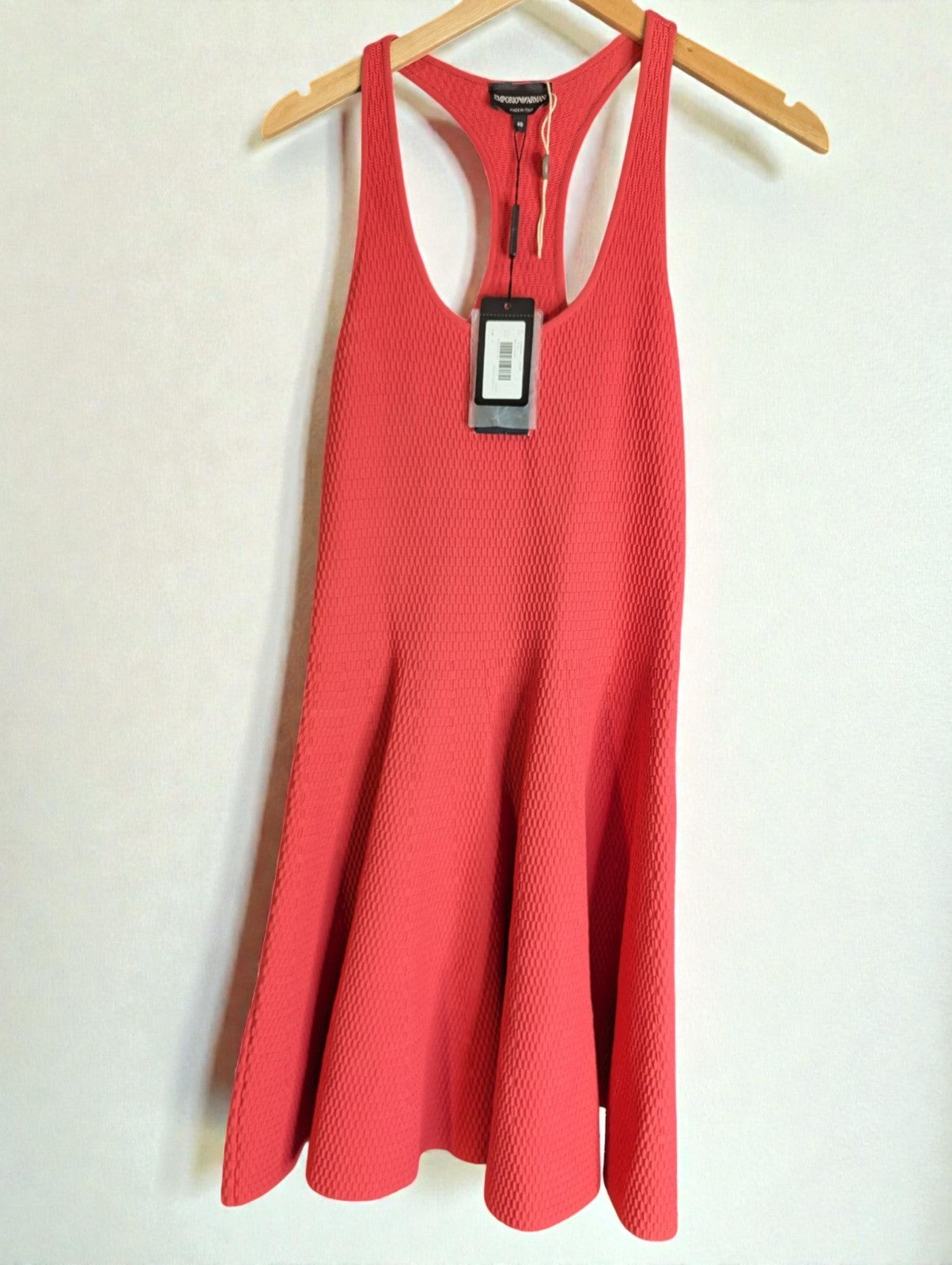 Emporio Armani Red Coral Stretch Knit Racer Back Flare Mini Dress, 40