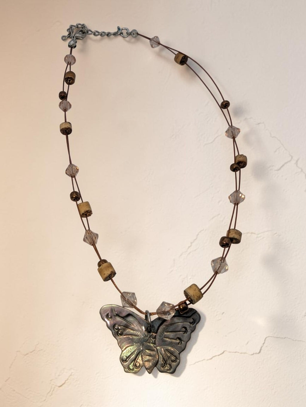 Irridescent Abalone Shell and Wood Bead Butterfly Necklace, 12"