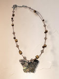 Irridescent Abalone Shell and Wood Bead Butterfly Necklace, 12"