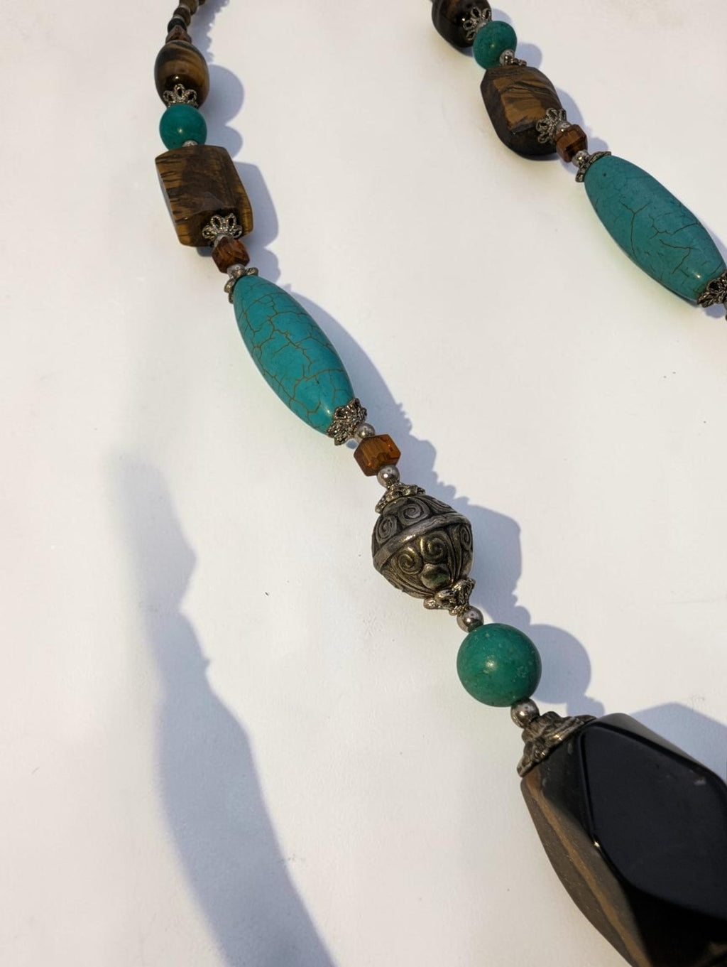 Vintage Tiger's Eye and Turquise Statement Necklace with Silver-Toned Beads, 18"