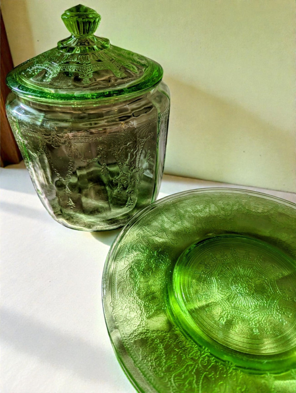 1920s-30s Uranium Green Glass Cookie Jar and (4) Plate Set