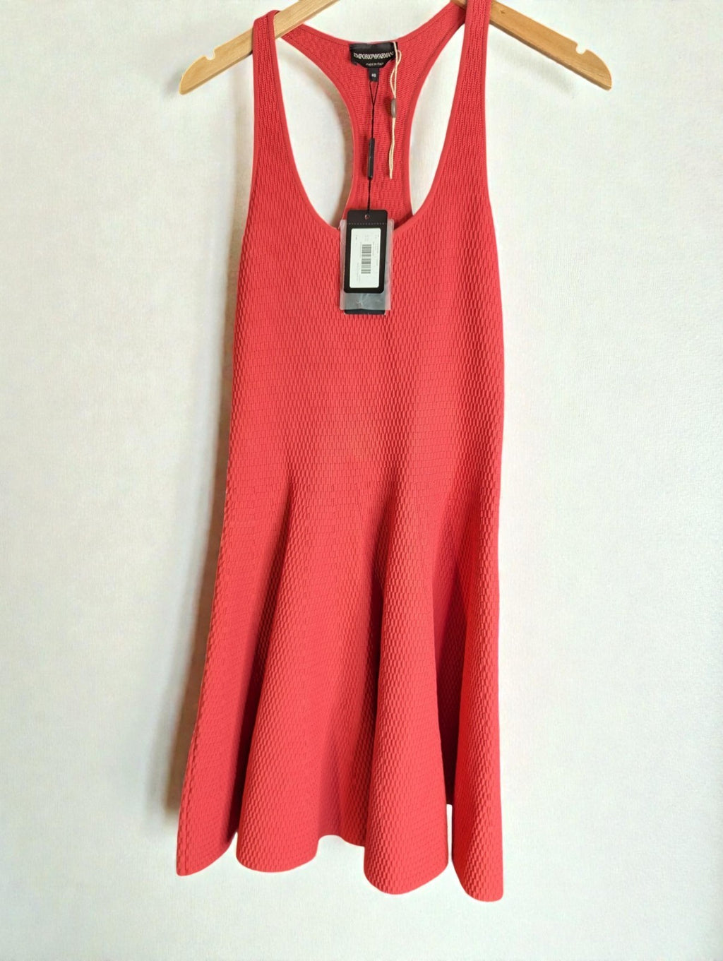Emporio Armani Red Coral Stretch Knit Racer Back Flare Mini Dress, 40
