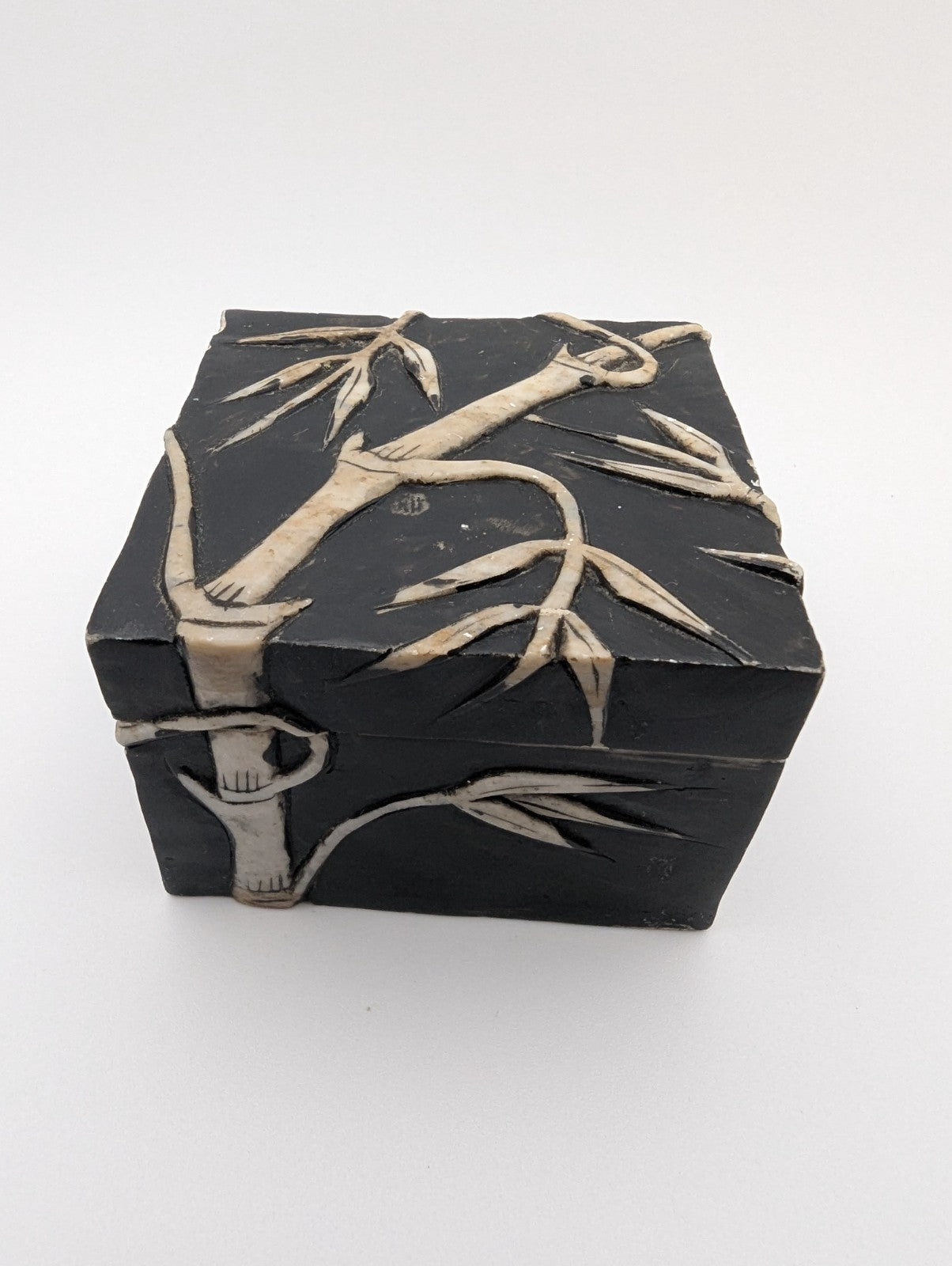 Vintage Hand-Carved Stone Trinket Box Bamboo Design, 2.25"
