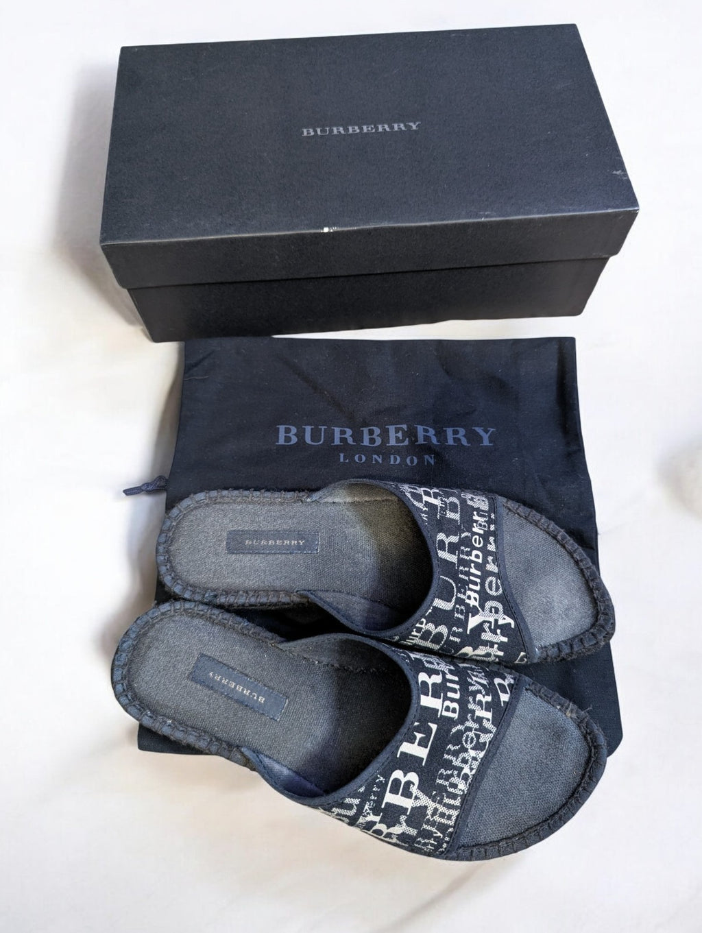 Burberry Espadrille Slides, Black & White Logo, Women's Size 36, Box & Dust Bag