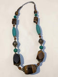 Vintage Tiger's Eye and Turquise Statement Necklace with Silver-Toned Beads, 18"