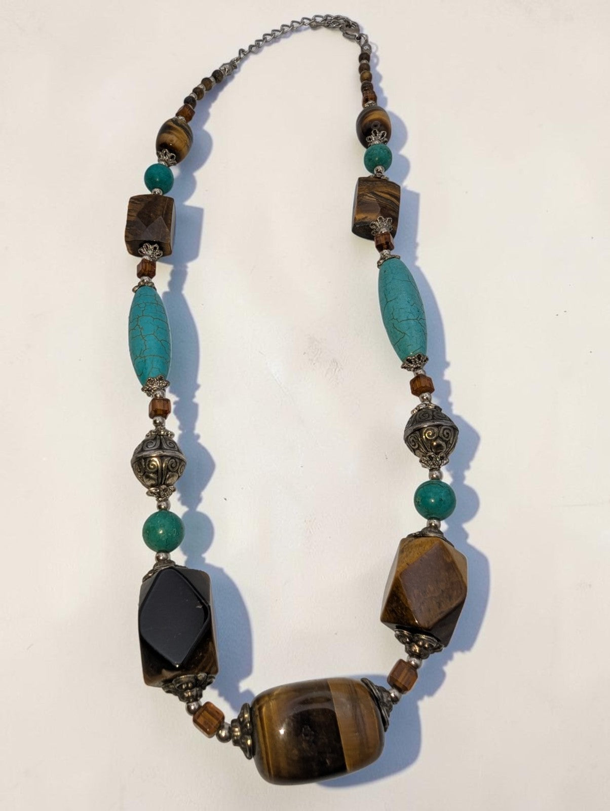 Vintage Tiger's Eye and Turquise Statement Necklace with Silver-Toned Beads, 18"