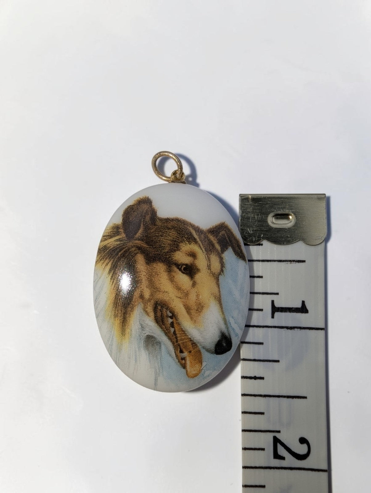 Vintage Porcelain Oval Shaped "Lassie" Collie Dog Necklace Pendant