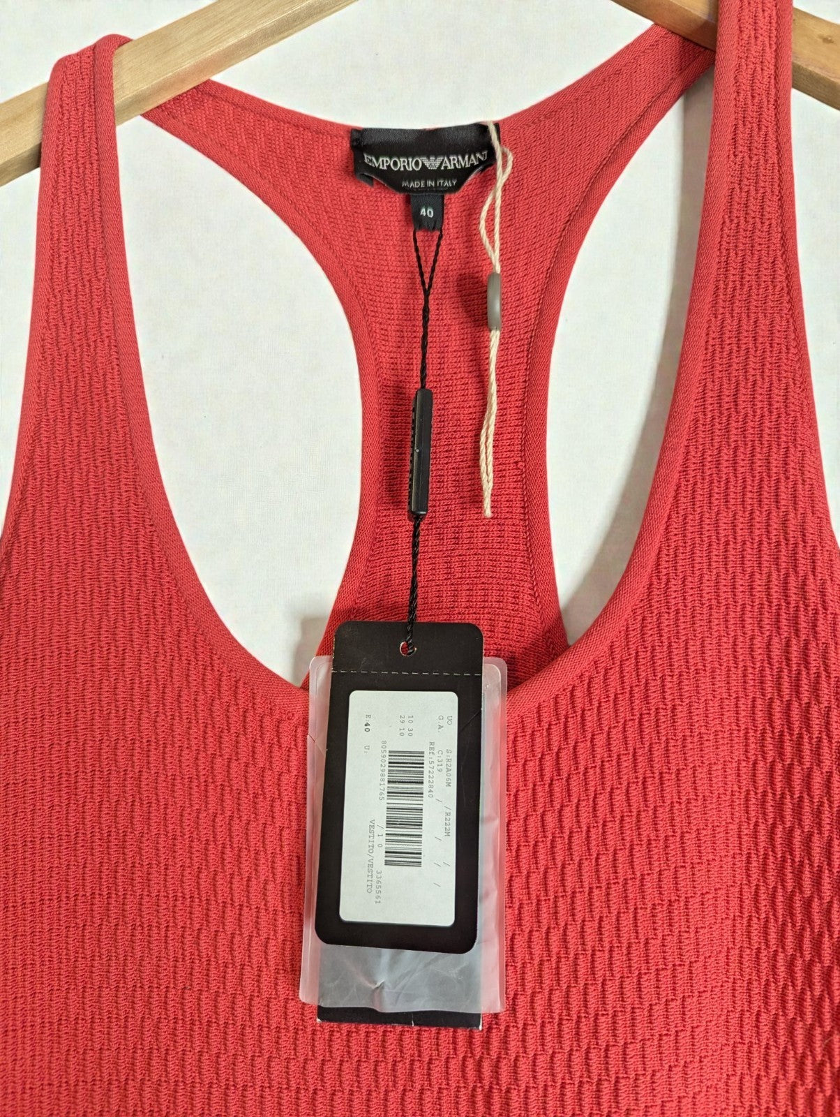 Emporio Armani Red Coral Stretch Knit Racer Back Flare Mini Dress, 40