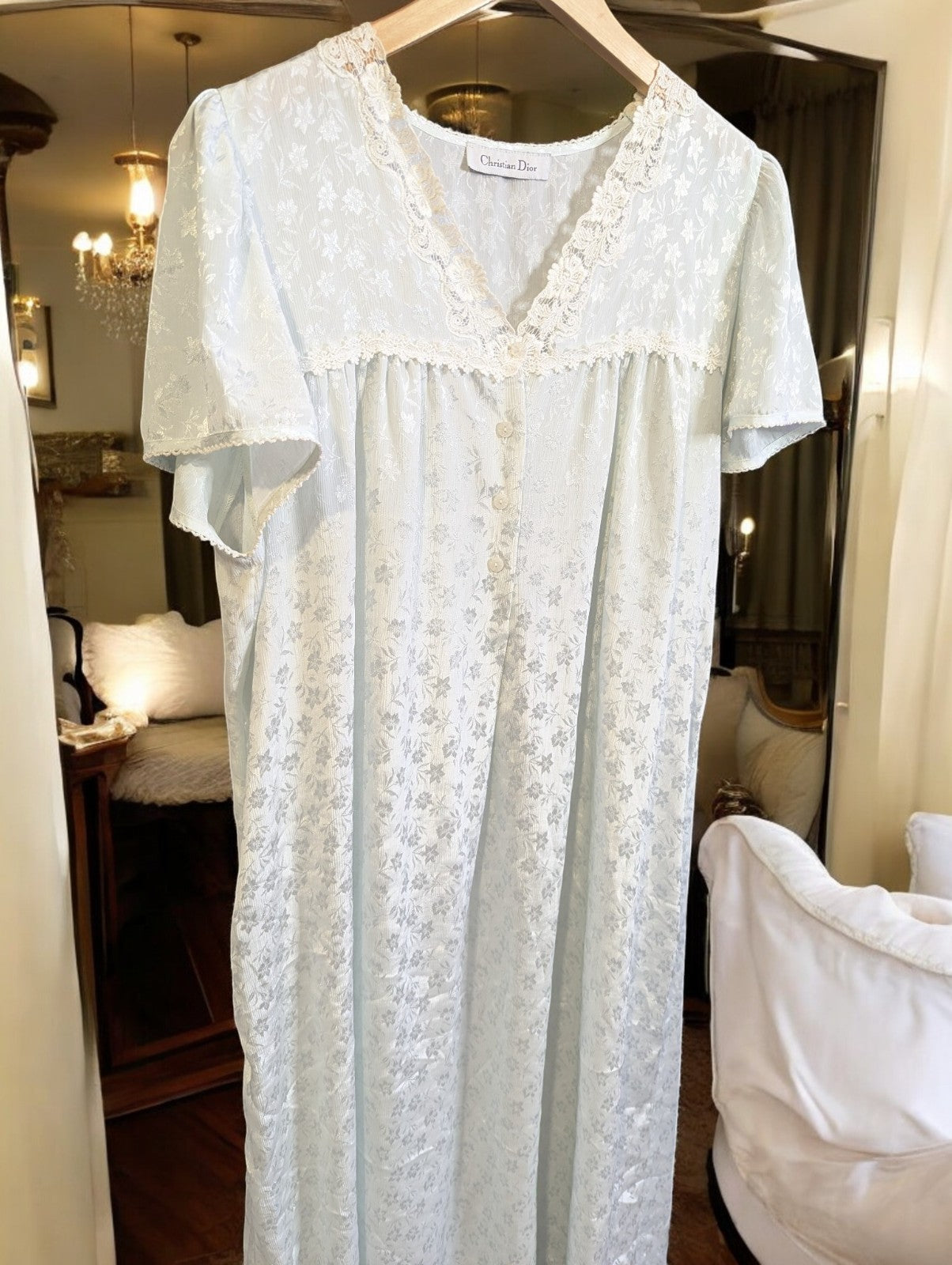 Vintage Christian Dior Floral Lace Trim Nightgown, Light Blue/Ivory, Size L