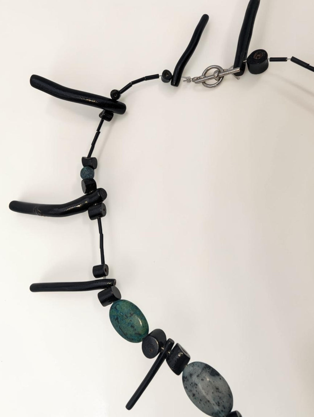 Turquiose and Black Wooden Statement Beaded Necklace, 24"