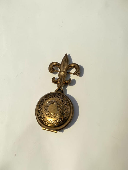 1940s  Brass Fleur-de-lis Round Locket Brooch