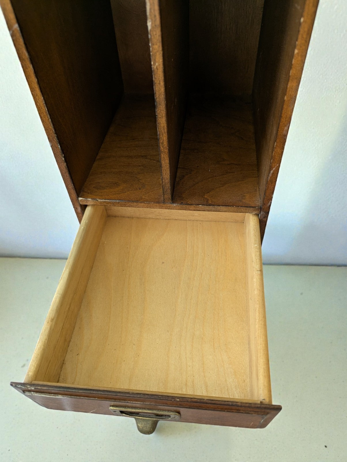 Vintage Wood Desktop Library Organizer, Drawer with Brass Handle