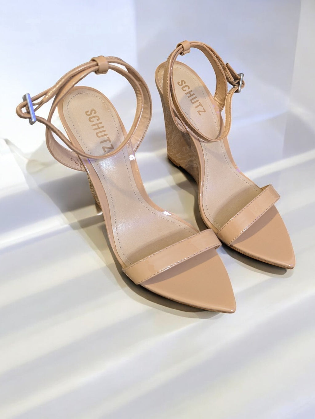 Schutz Rauel Patent Leather Wedge Sandal, Nude- Size 8