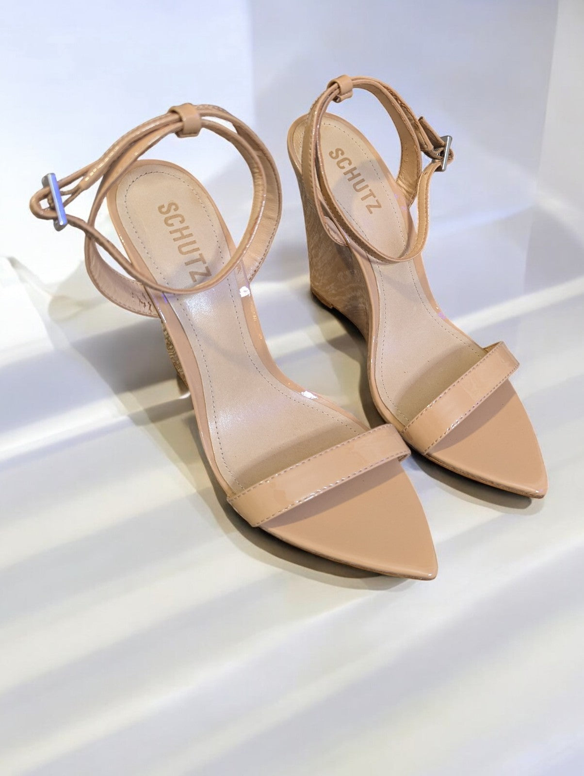 Schutz Rauel Patent Leather Wedge Sandal, Nude- Size 8