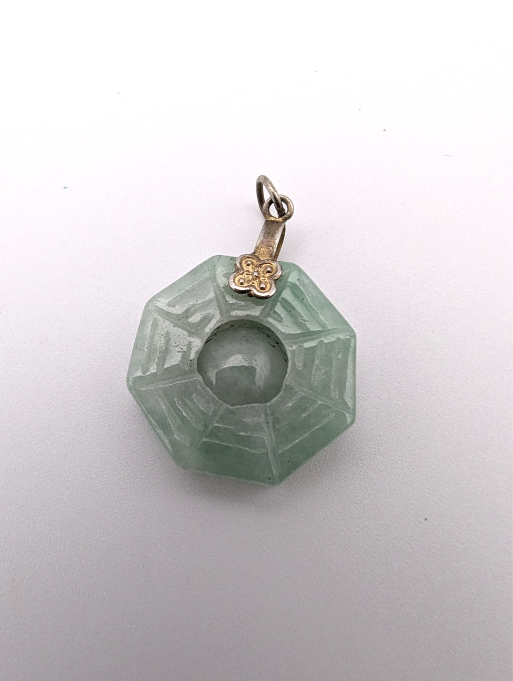 Green Jade Carved Bagua Eight Trigrams Pendant, 1"