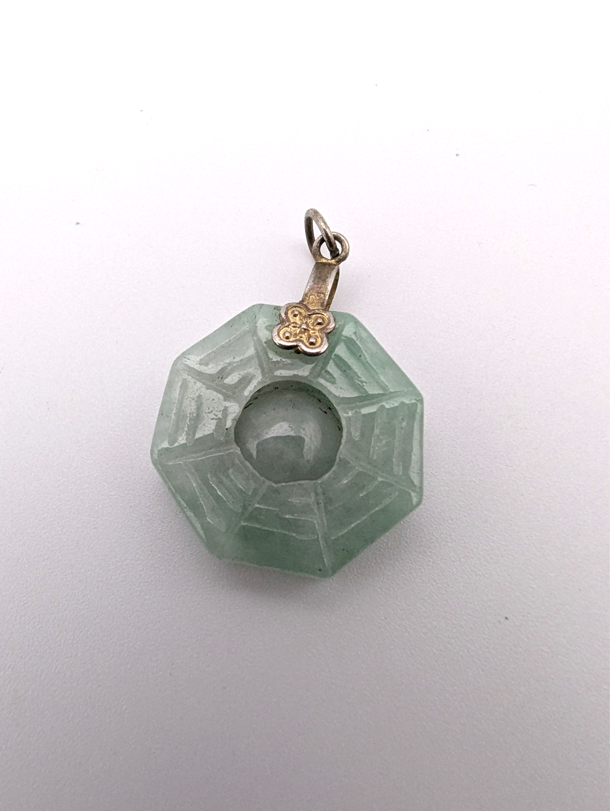 Green Jade Carved Bagua Eight Trigrams Pendant, 1"