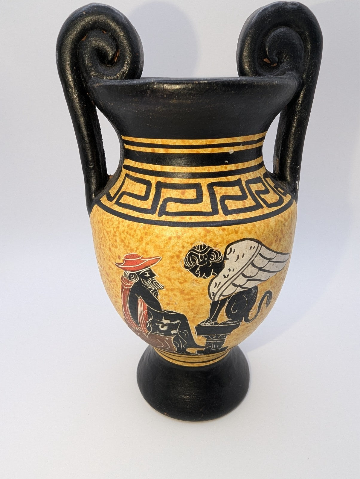 Greek Pottery Amphora Vase, Sphinx Greek Key Pattern 6"