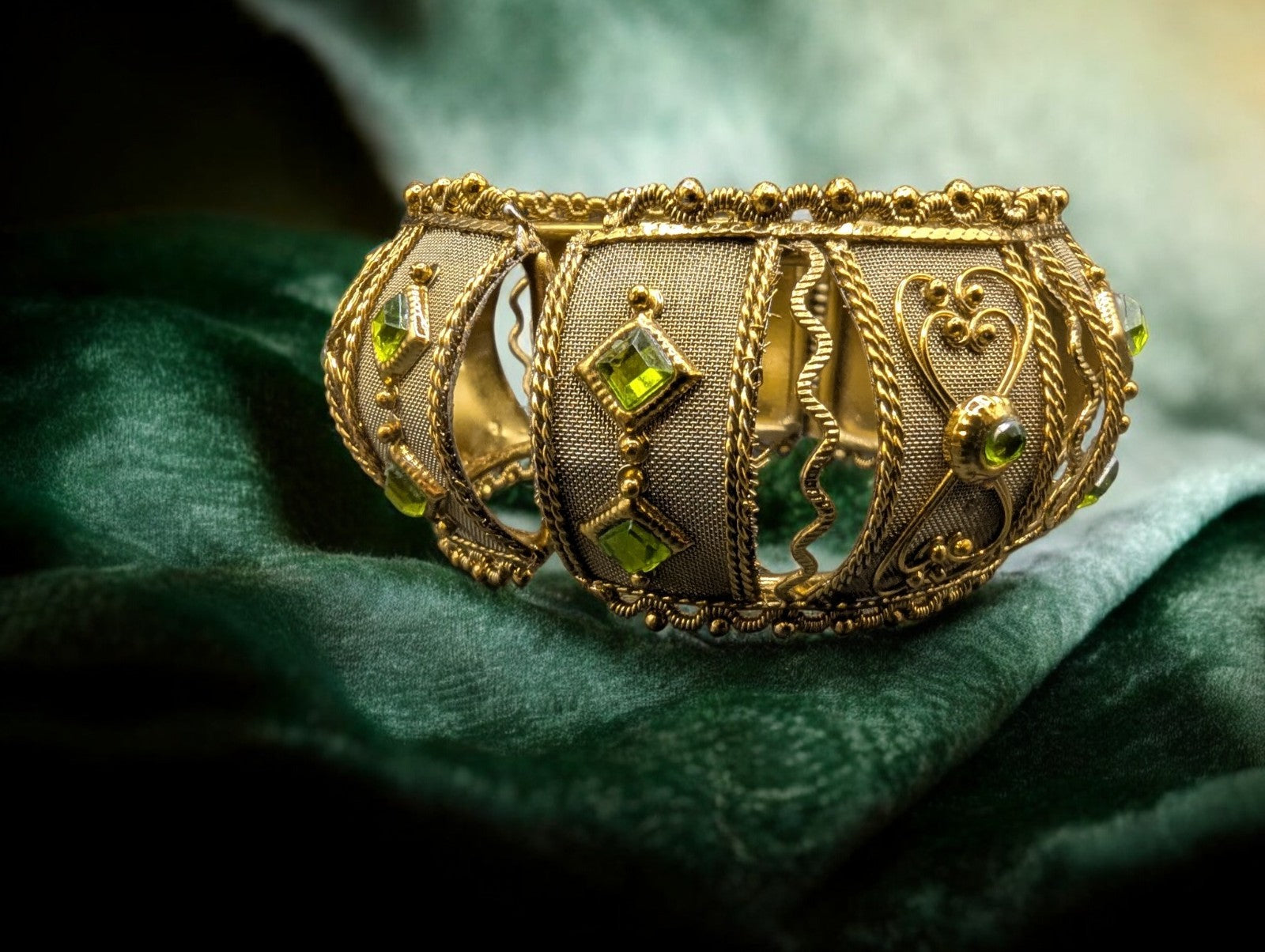 Vintage Gypsy Gold Mesh Bangle Bracelet, Green Gemstones