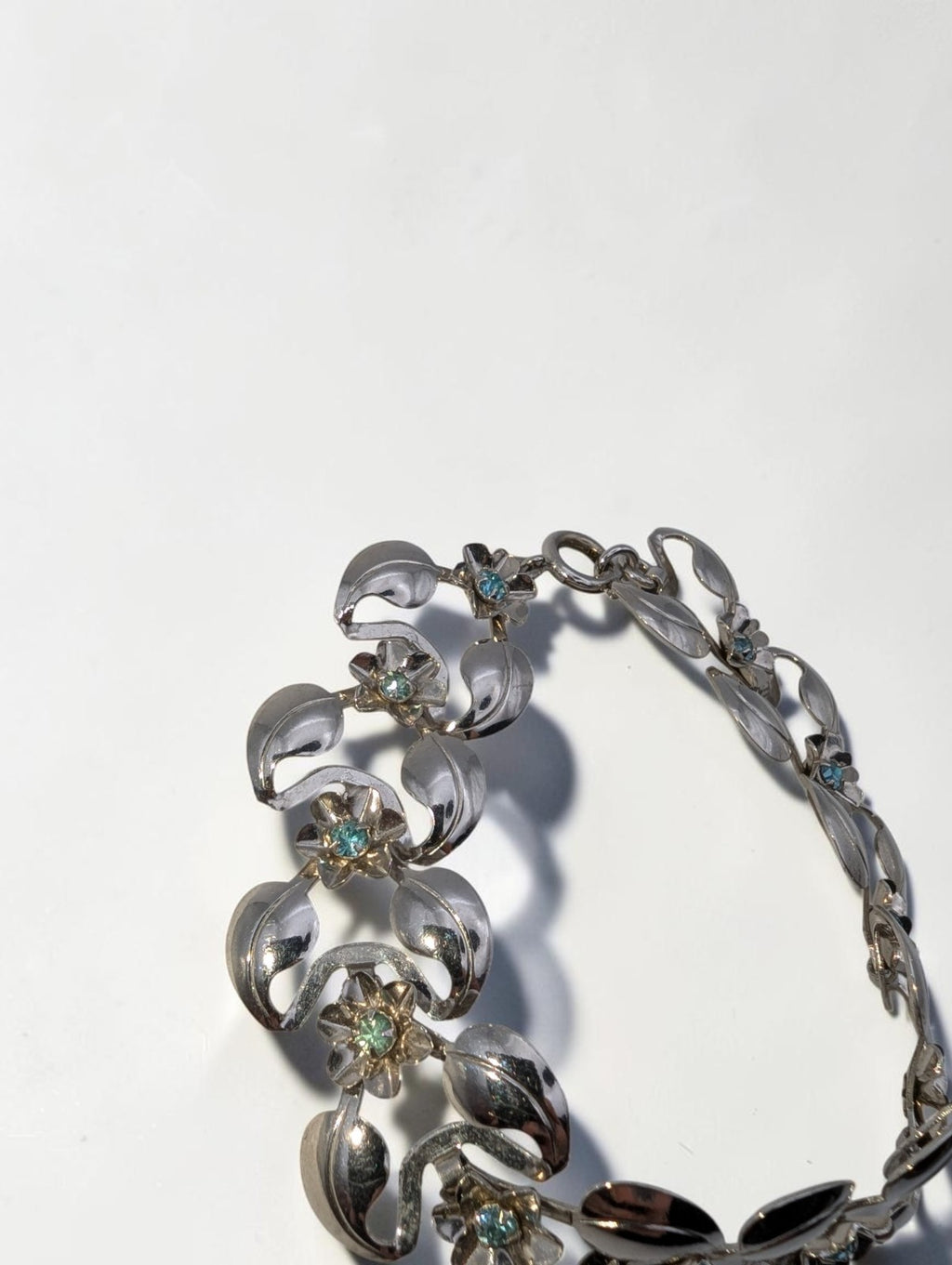Vintage Silver Tone Floral and Leaf Bracelet, Pale Blue Rhinestones, 8"