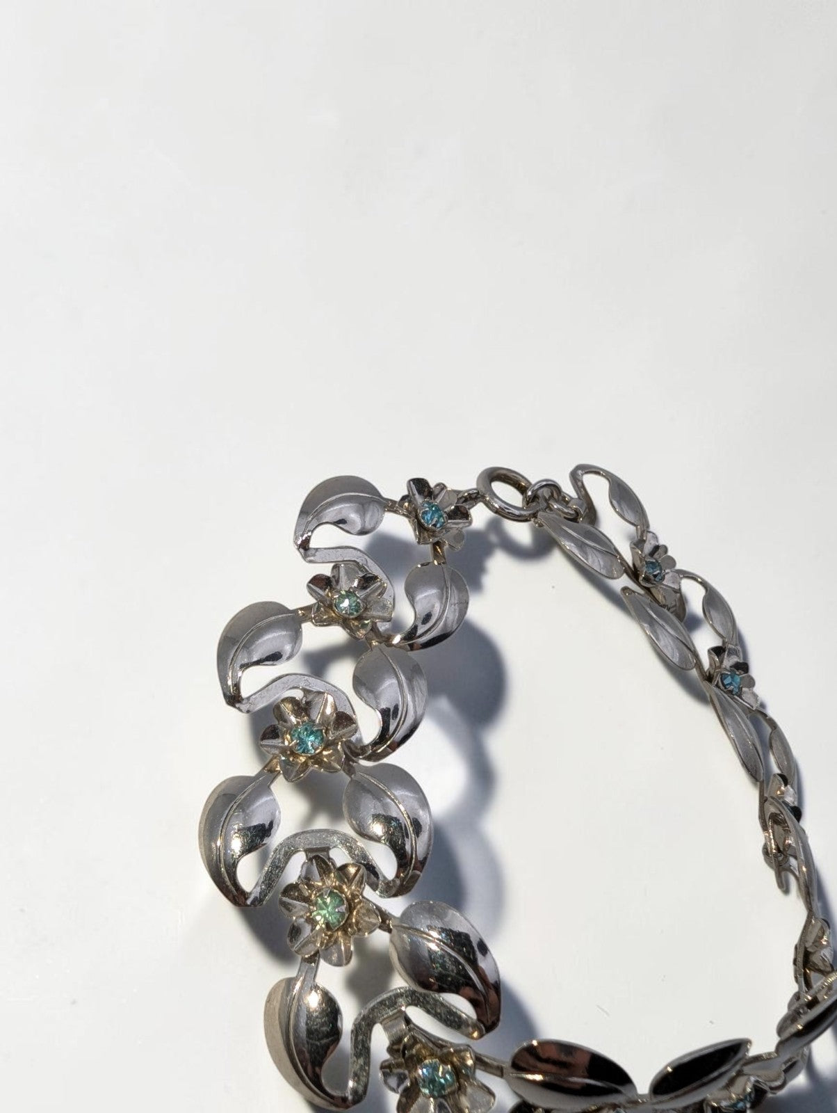 Vintage Silver Tone Floral and Leaf Bracelet, Pale Blue Rhinestones, 8"
