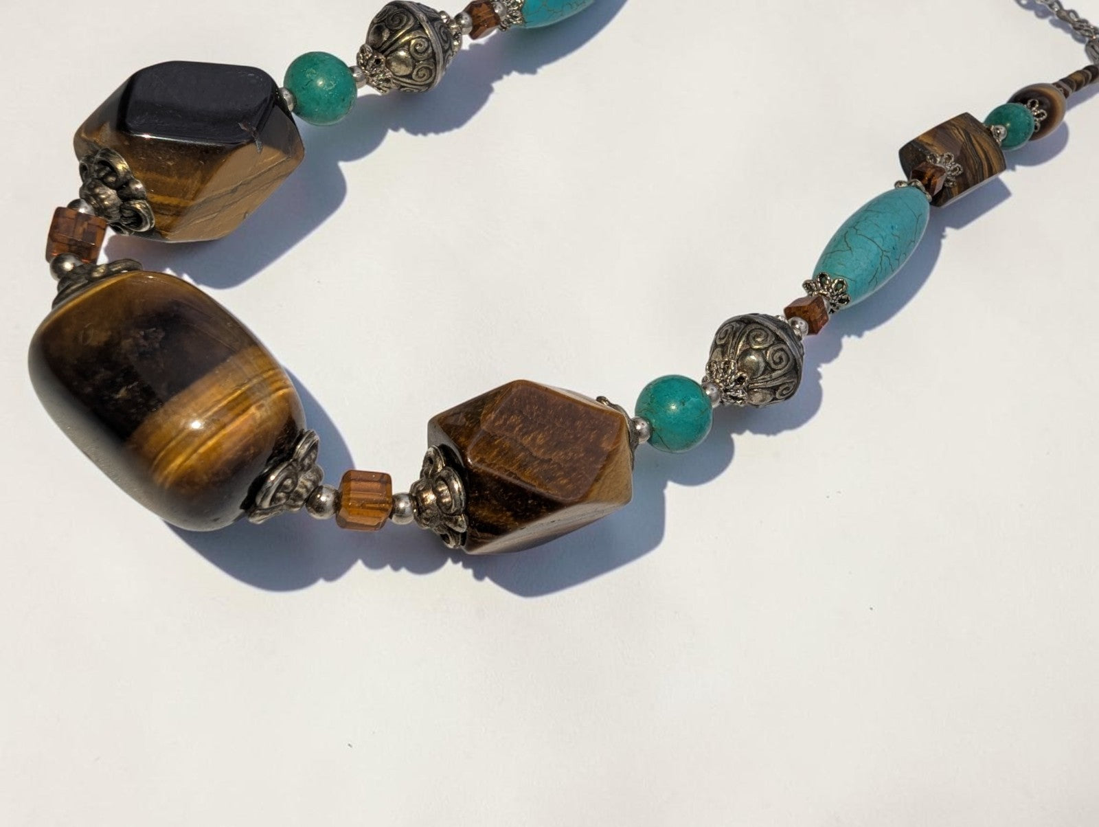 Vintage Tiger's Eye and Turquise Statement Necklace with Silver-Toned Beads, 18"