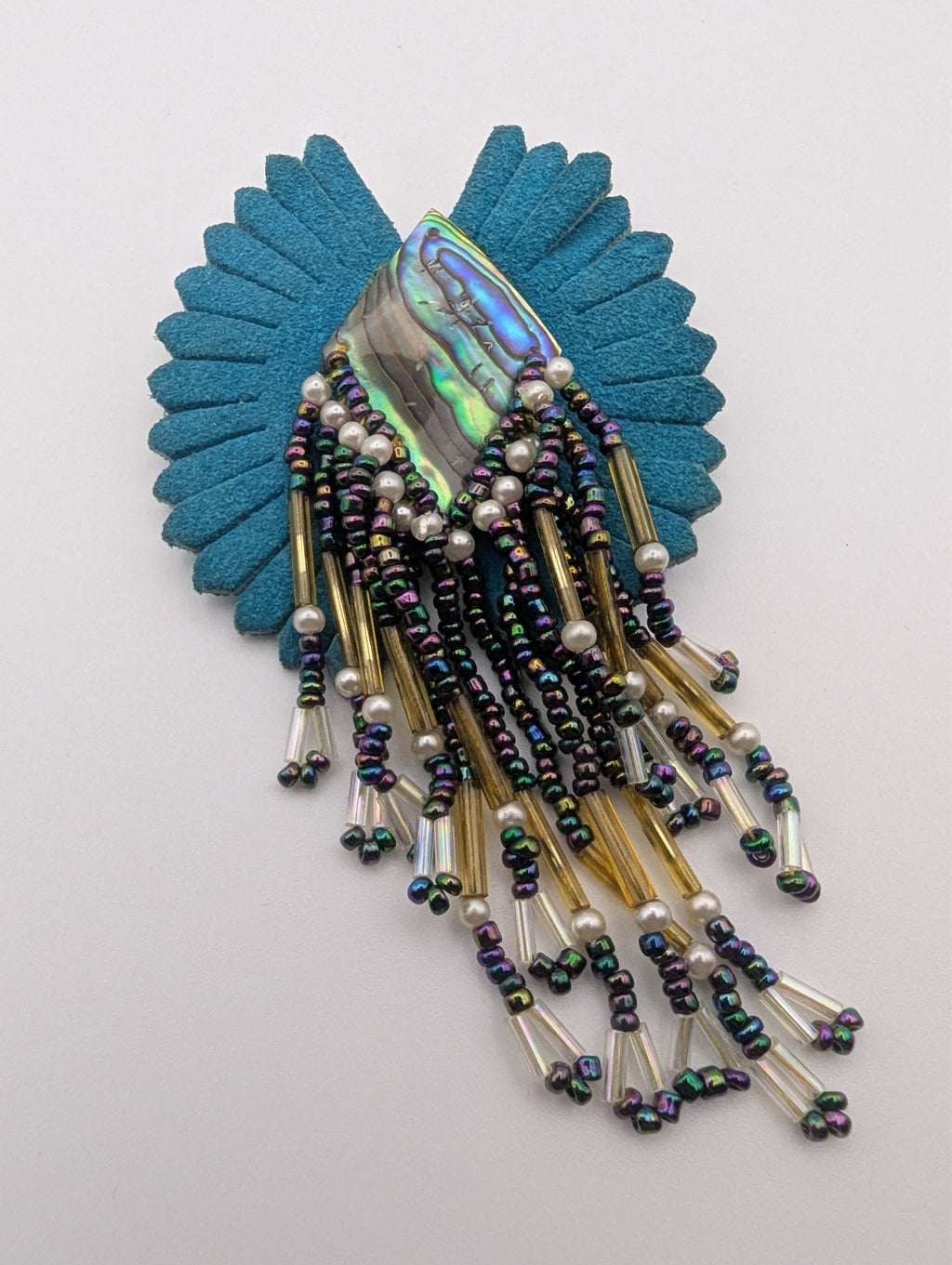 Handmade Brooch Teal Suede Leather, Paua Shell, Iridescent aurora borealis beads
