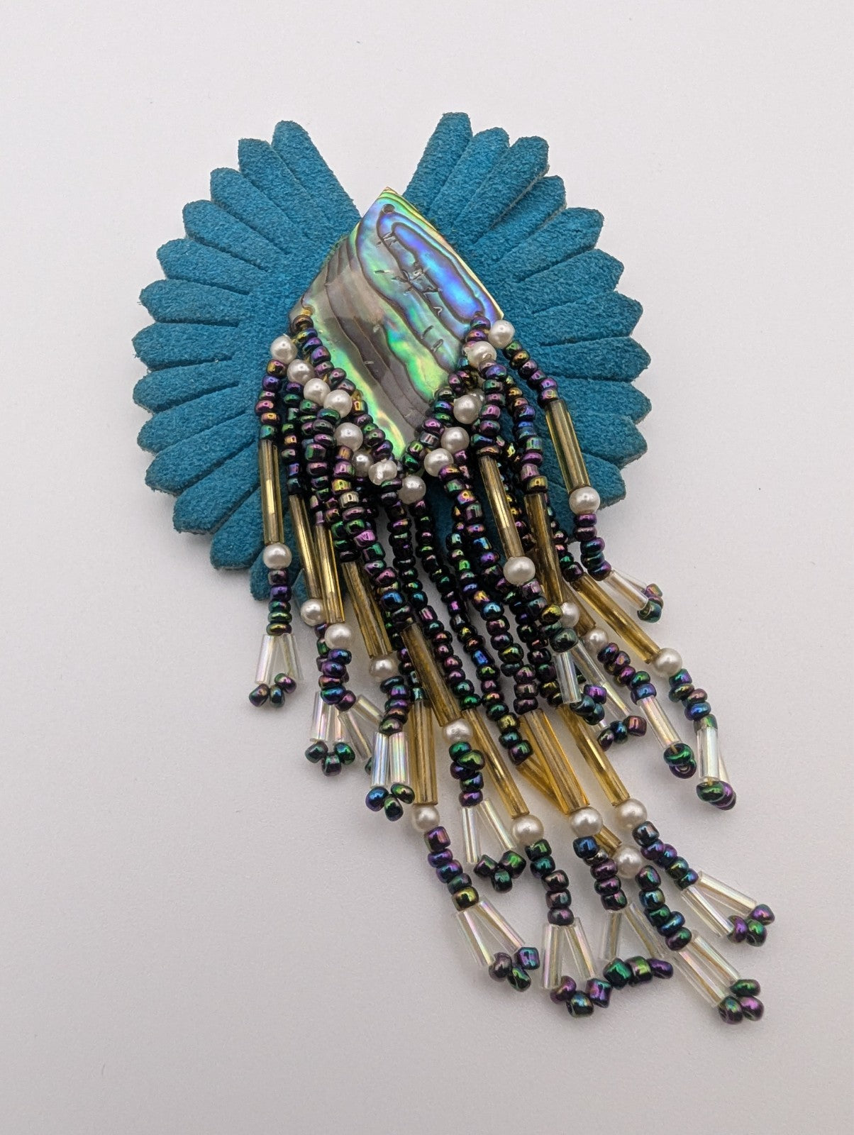 Handmade Brooch Teal Suede Leather, Paua Shell, Iridescent aurora borealis beads