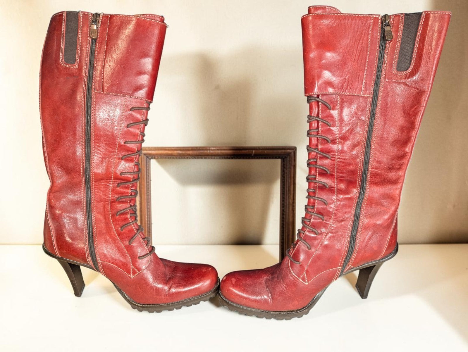 Vintage Donald J Pliner Red Leather Lace Up Boots, Size 6.5, Made in Italy