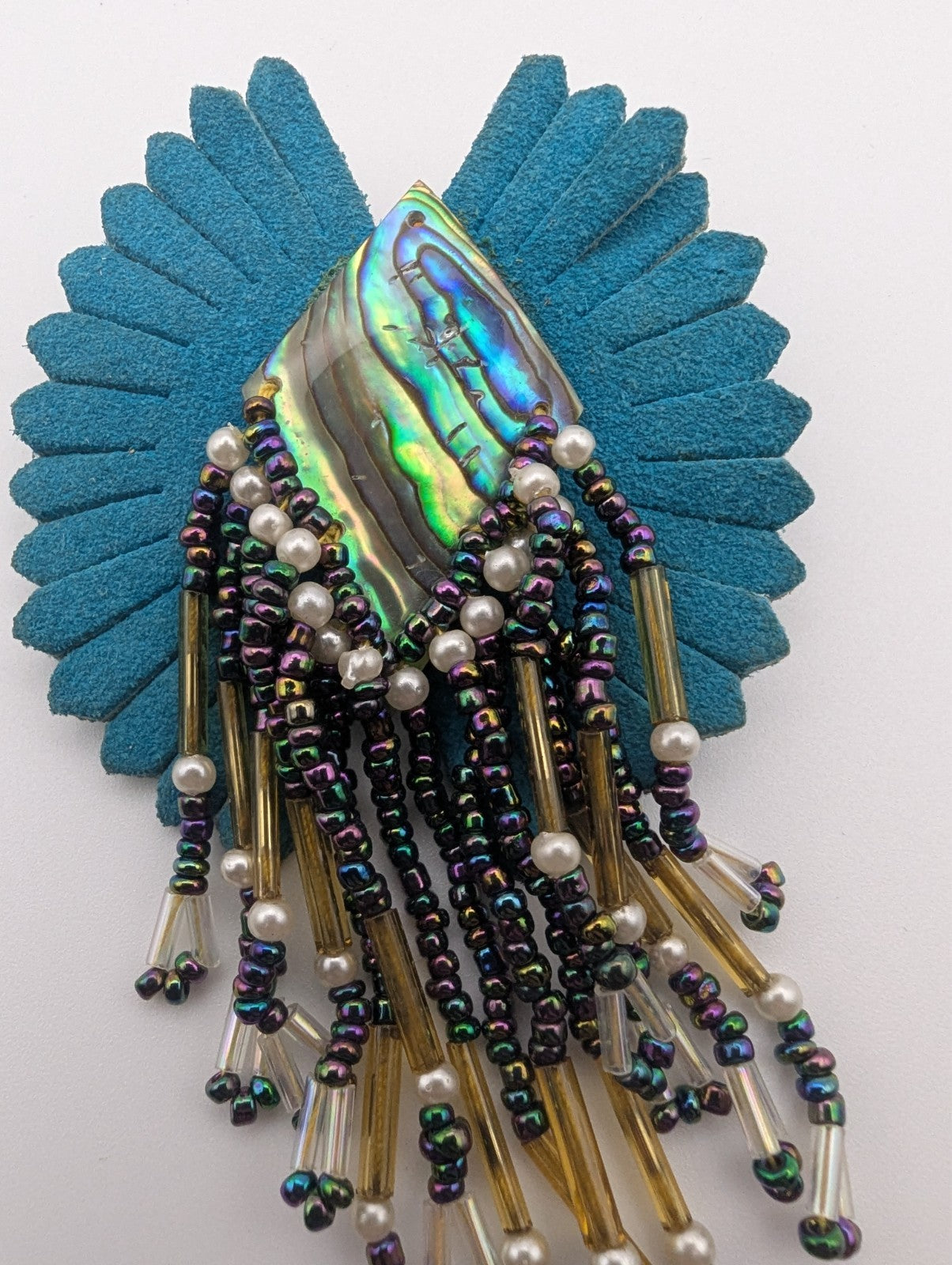 Handmade Brooch Teal Suede Leather, Paua Shell, Iridescent aurora borealis beads