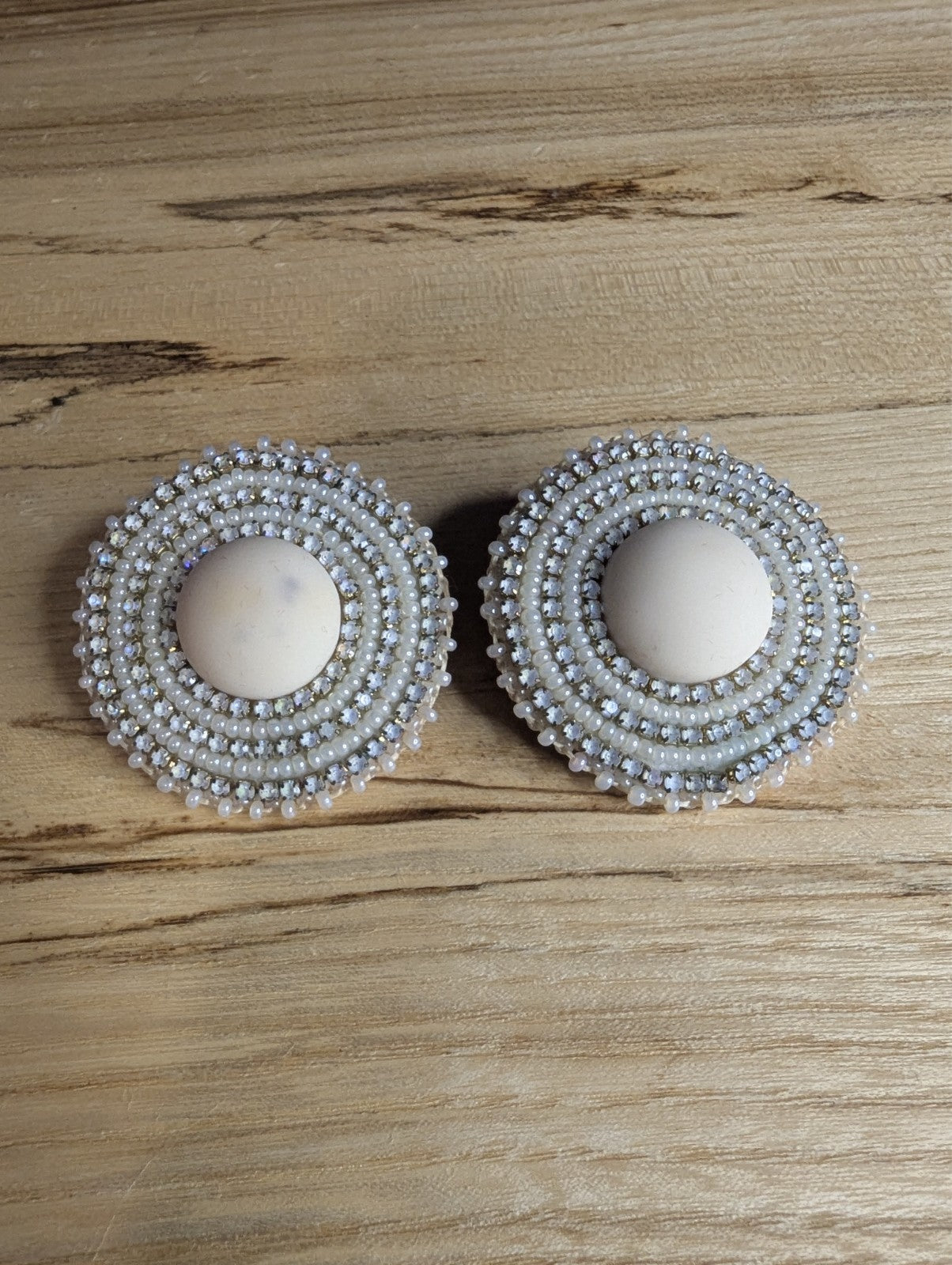 Handcrafted White Beaded Stud Earrings Seed Beads, Crystals, White Cabochon