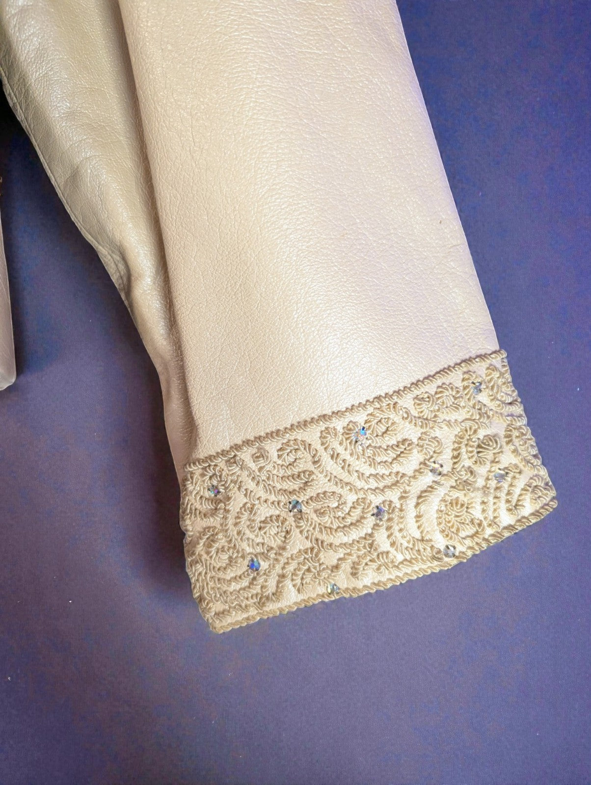 Vintage Women's Cream Leather Rosen Engelson Embroidered Crystal Jacket, Small