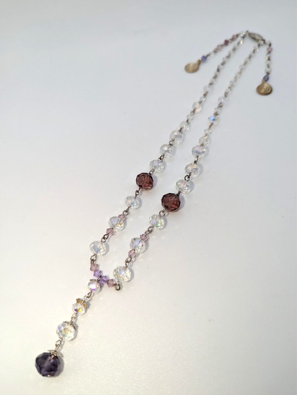 Vintage Aurora Borealis and Purple Faceted Glass Bead Necklace, 16"