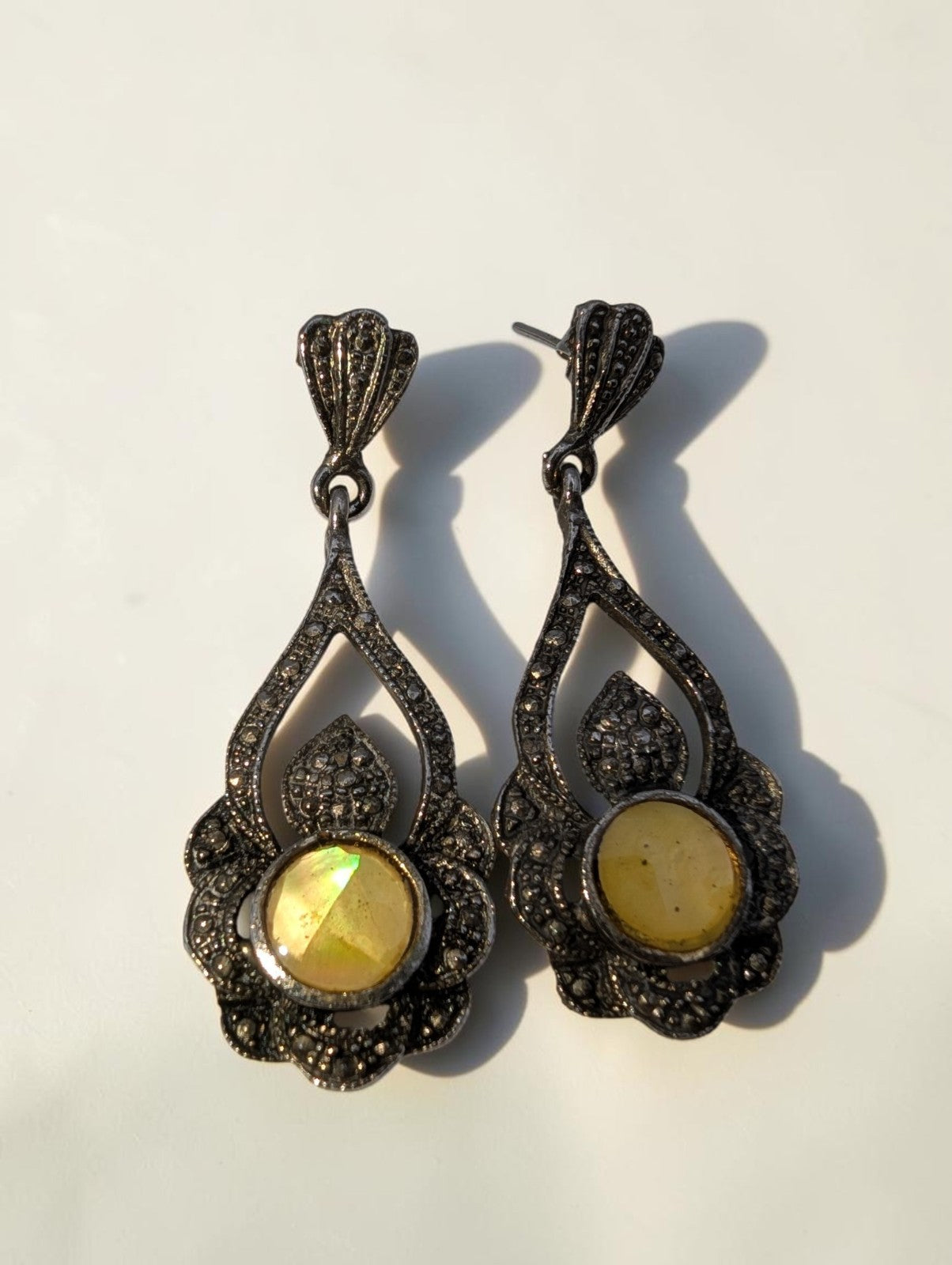 Vintage Sterling Silver Opal and Marcasite Drop Earrings