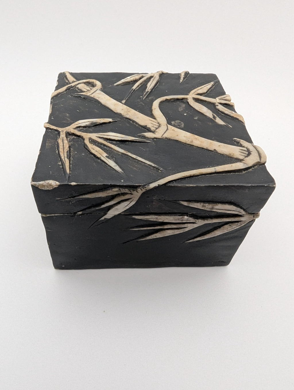 Vintage Hand-Carved Stone Trinket Box Bamboo Design, 2.25"