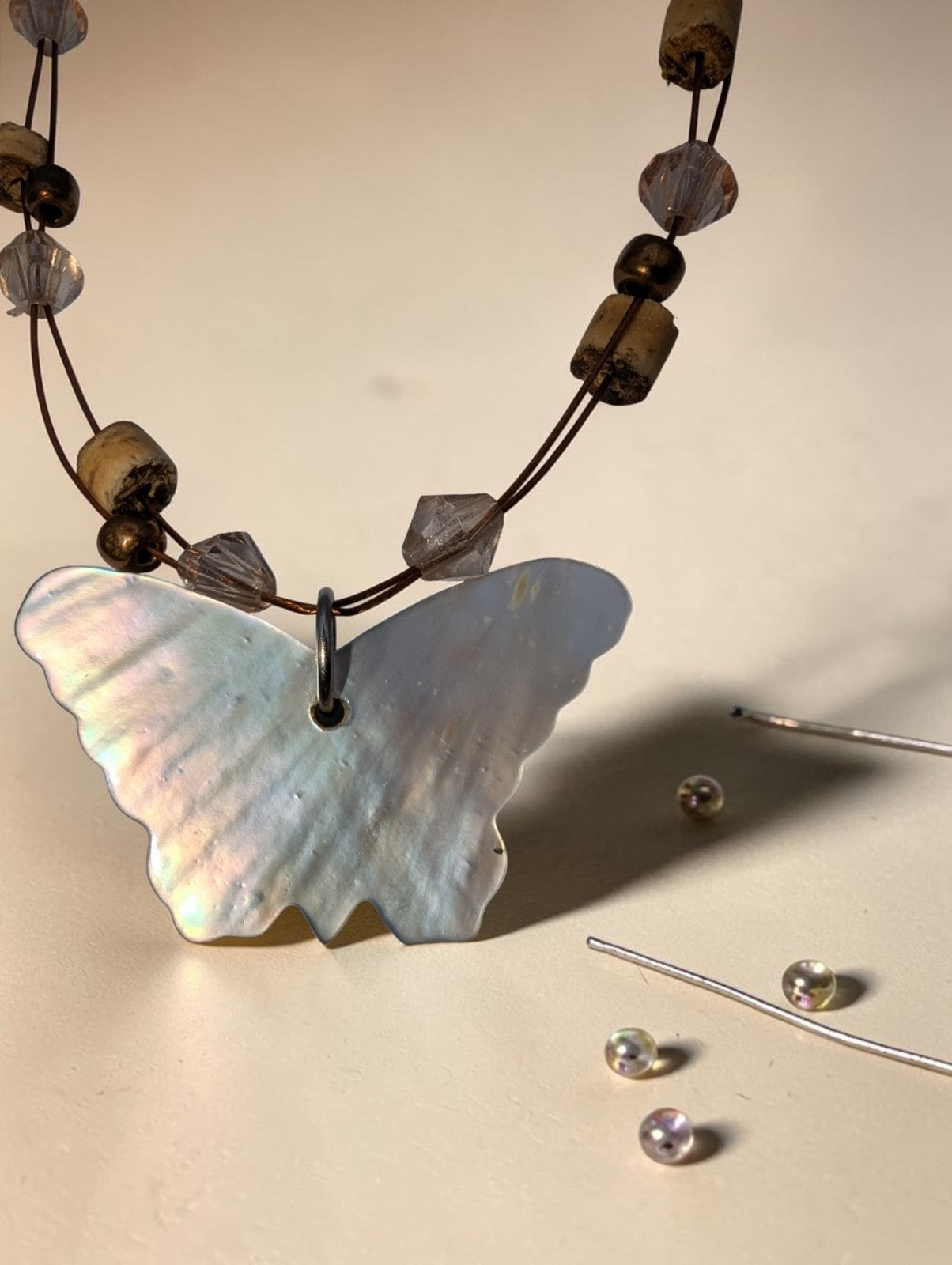 Irridescent Abalone Shell and Wood Bead Butterfly Necklace, 12"