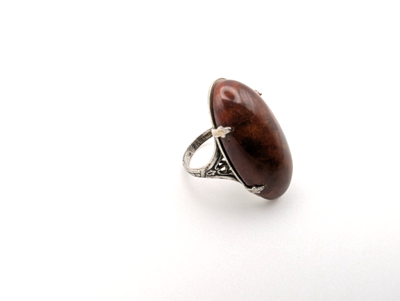 Vintage Sterling Silver Teak Wood Ring, Size 4.5
