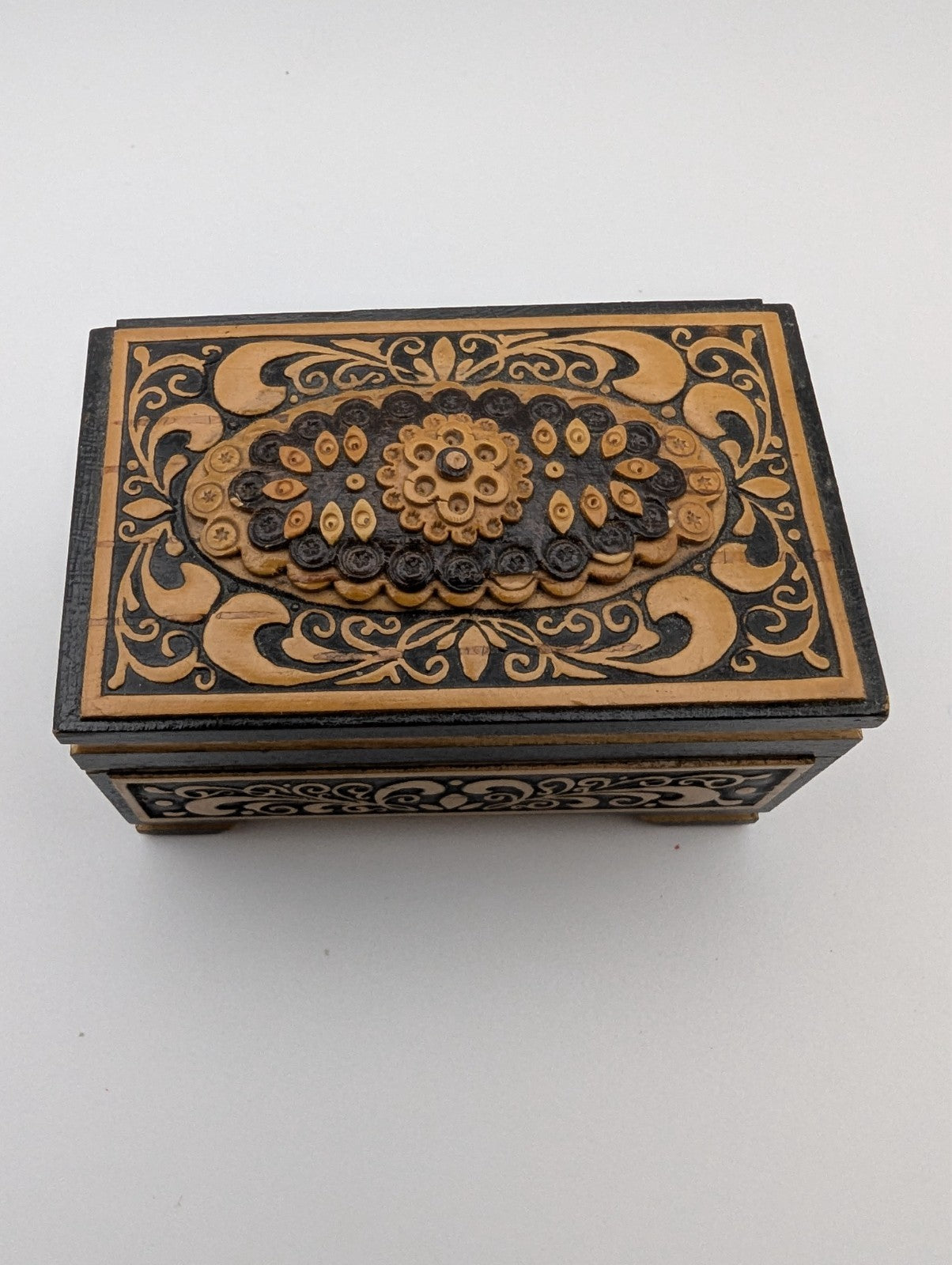 Vintage Wooden Intricate Jewelry Box, 2.75"x1.75"