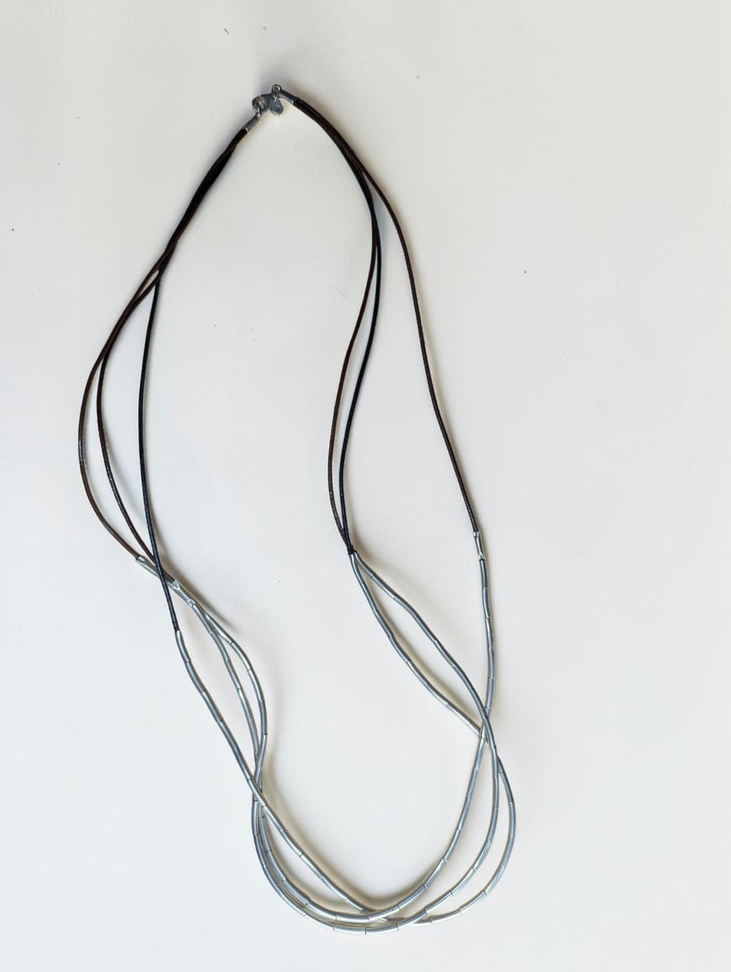 Silpada Liquid Sterling Silver Tube Bead and Leather Necklace 3 Strand, 30"